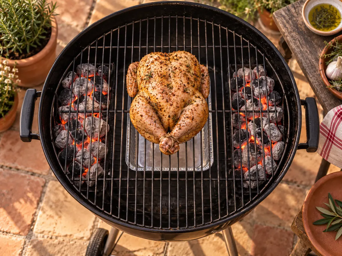 Deux tas de charbon sur les côtés et poulet au centre pour une cuisson indirecte